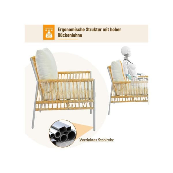 Trädgårdsmöbler 7 platser, 7 stolar, 1 låg bord, PE-rattan, galvaniserad stålram, beige