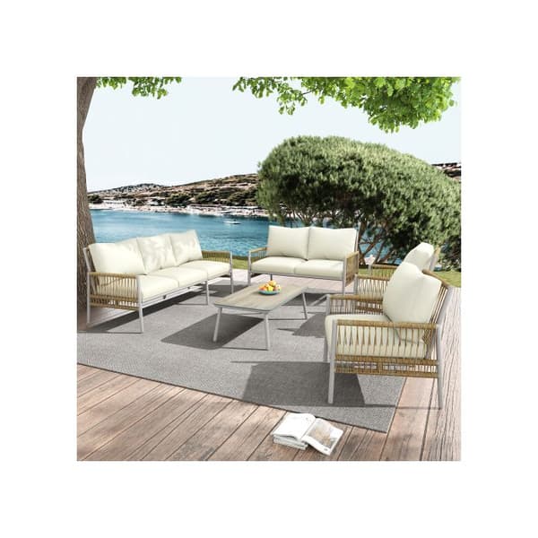Trädgårdsmöbler 7 platser, 7 stolar, 1 låg bord, PE-rattan, galvaniserad stålram, beige