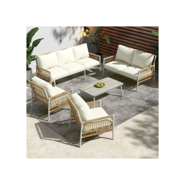 Trädgårdsmöbler 7 platser, 7 stolar, 1 låg bord, PE-rattan, galvaniserad stålram, beige