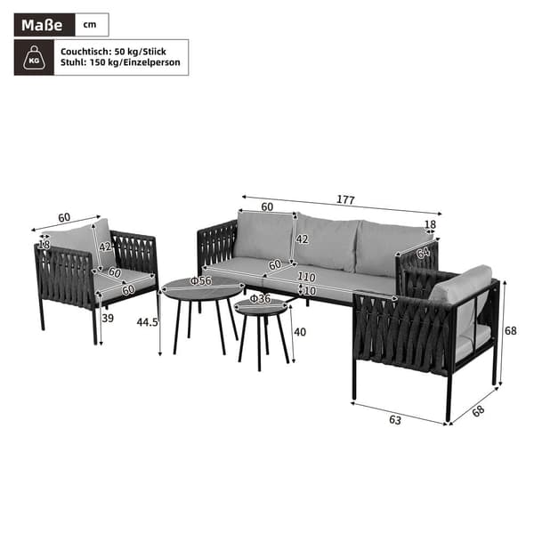 Loungeset för trädgård med gråa dynor – 3-sits soffa, 2 fåtöljer & 2 soffbord med marmorglas, flätad design & galvaniserat stål