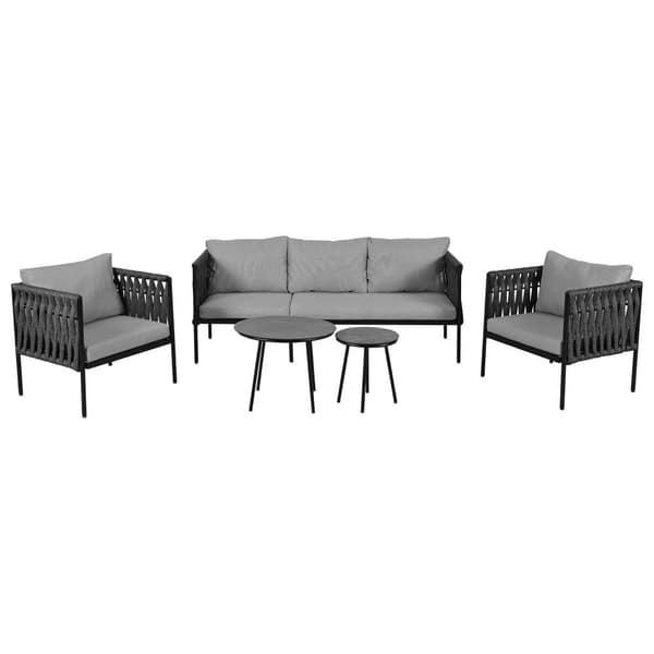 Loungeset för trädgård med gråa dynor – 3-sits soffa, 2 fåtöljer & 2 soffbord med marmorglas, flätad design & galvaniserat stål