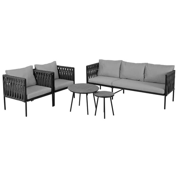 Loungeset för trädgård med gråa dynor – 3-sits soffa, 2 fåtöljer & 2 soffbord med marmorglas, flätad design & galvaniserat stål