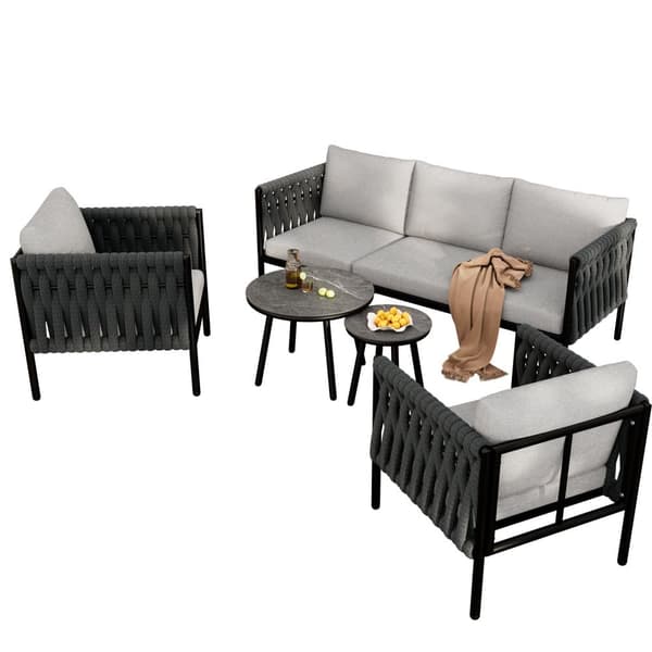 Loungeset för trädgård med gråa dynor – 3-sits soffa, 2 fåtöljer & 2 soffbord med marmorglas, flätad design & galvaniserat stål