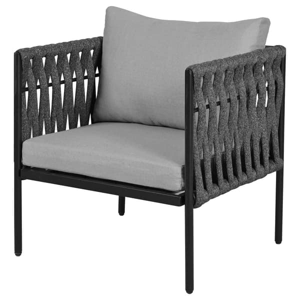 Loungeset för trädgård med gråa dynor – 3-sits soffa, 2 fåtöljer & 2 soffbord med marmorglas, flätad design & galvaniserat stål