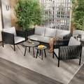 Miniatyrbild 1 av 11: Loungeset för trädgård med gråa dynor – 3-sits soffa, 2 fåtöljer & 2 soffbord med marmorglas, flätad design & galvaniserat stål