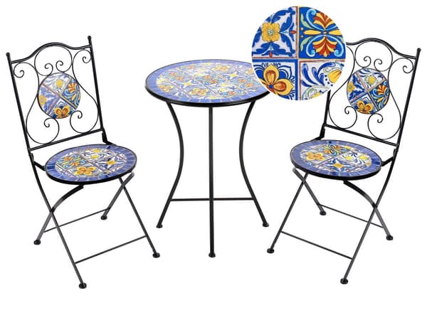 Bistrosett for Utendørs Hage Svart Metall Jern Ramme Mosaikkfliser Mønster Bord Stoler Vintage Stil Utendørs