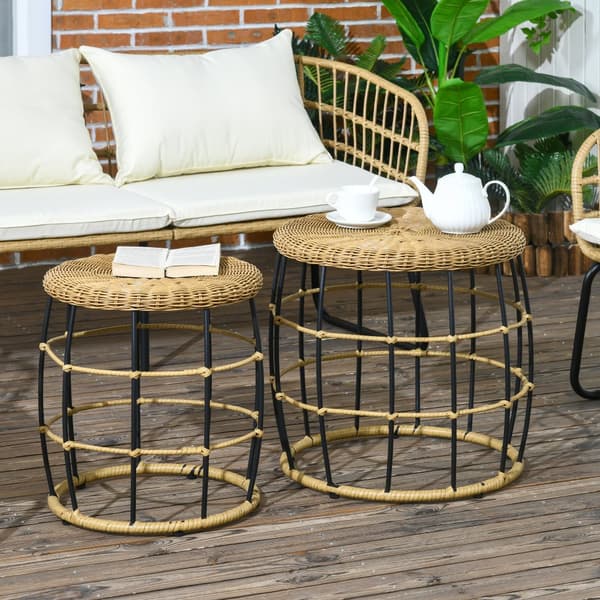 Sivupöytä setti, Rattan, Ø58 x 53K cm & Ø48 x 50K cm, Khaki & Musta