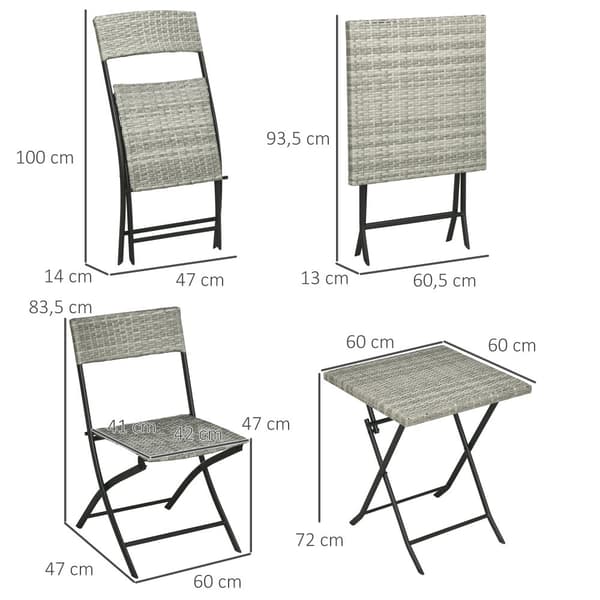 Rattan Balkong Möbelset, 3tlg, 60x60x72 cm, Ljusgrå