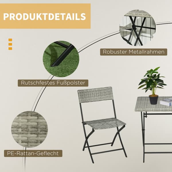 Rattan Balkong Möbelset, 3tlg, 60x60x72 cm, Ljusgrå