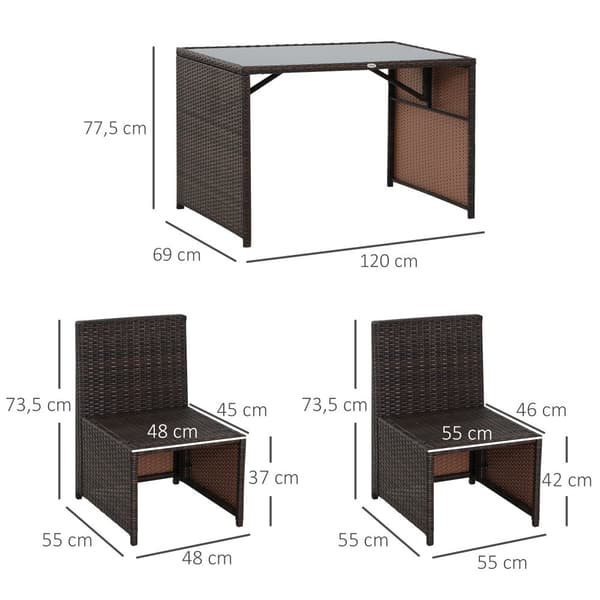 Puutarhakalustesetti, polyrottinki, 120x69 cm (pöytä), 55x55 cm (pieni tuoli), 55x48 cm (iso tuoli), ruskea