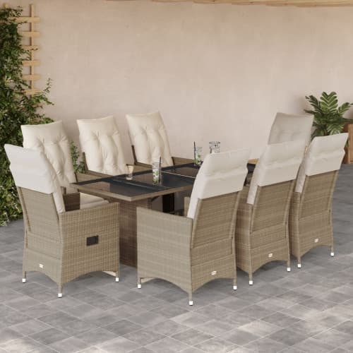 Caféset för trädgården 9 delar med dynor beige konstrotting