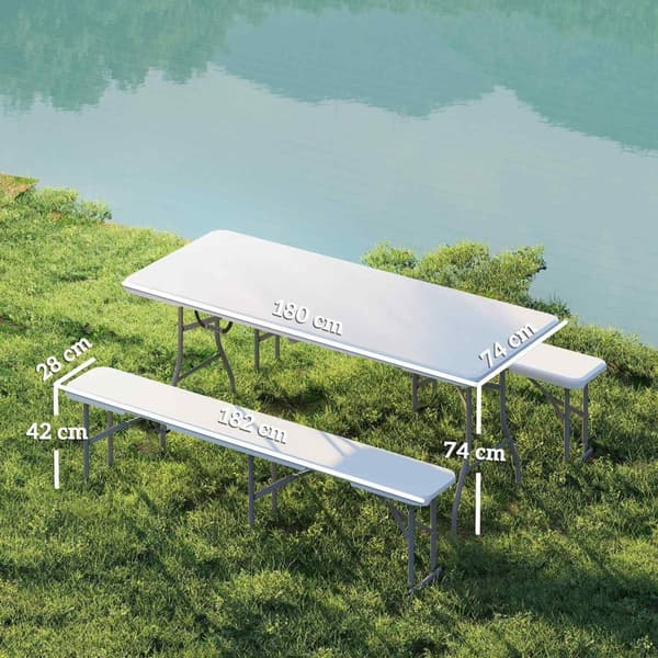 Rootz 3 -delad picknickuppsättning - Bärbar bord - Fällbara bänkar - Vattentät och hållbar - Tabell: 180x74x74cm, bänkar: 182x28x42cm