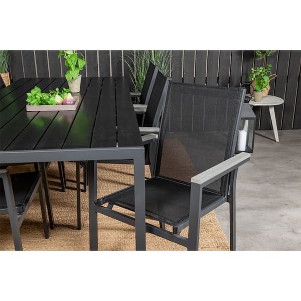 Break hagesett bord 90x205cm svart, 6 stoler svart.
