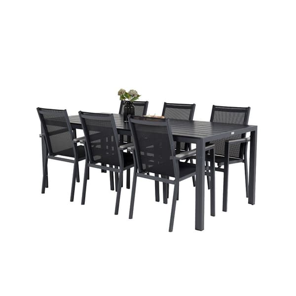 Break hagesett bord 90x205cm svart, 6 stoler svart.