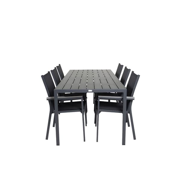 Break hagesett bord 90x205cm svart, 6 stoler svart.