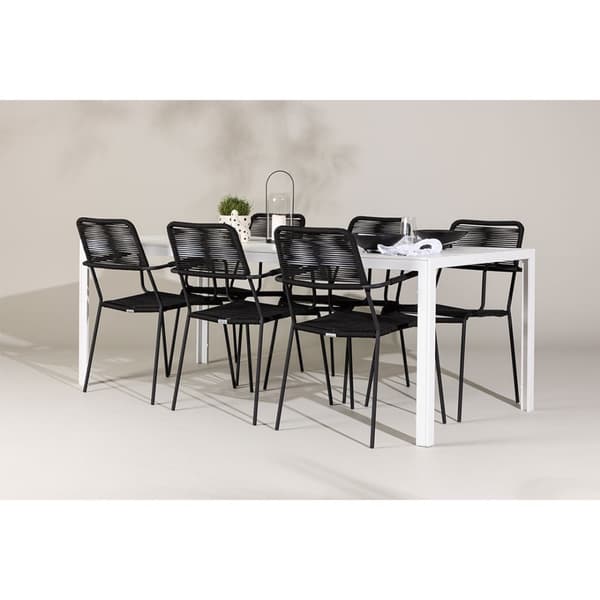 Break hagesett bord 90x205cm hvit, 6 stoler svart.