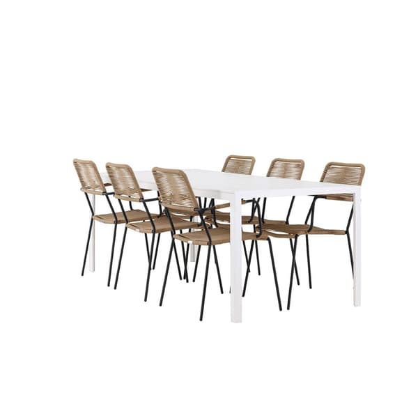 Break hagesett bord 90x205cm hvit, 6 stoler brun.