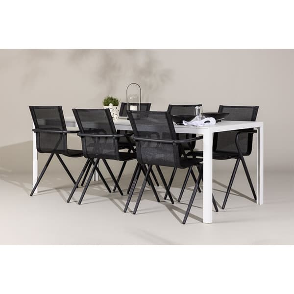 Break hagesett bord 90x205cm hvit, 6 stoler svart.