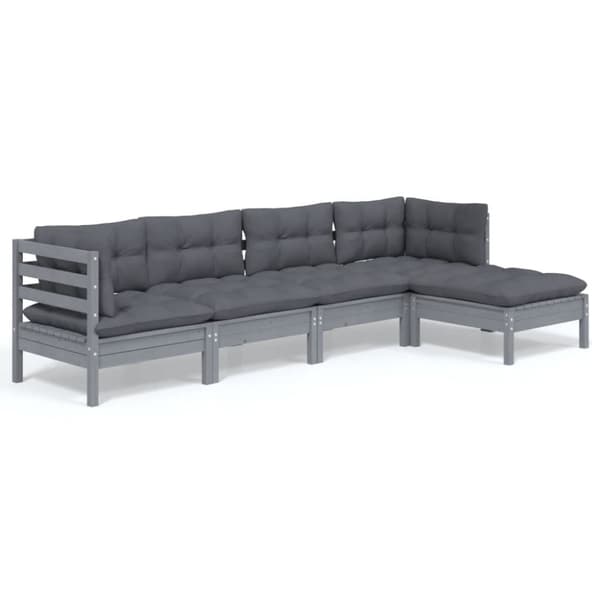 Loungegrupp med dynor 5 delar grå massiv furu