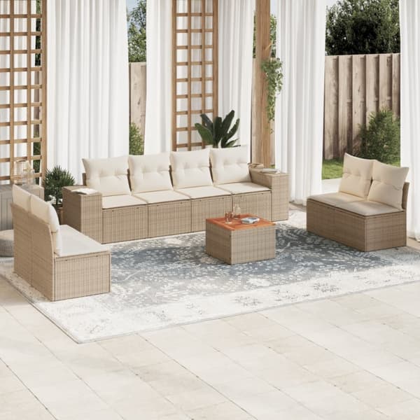 Soffgrupp för trädgården med dynor 9 delar beige konstrotting