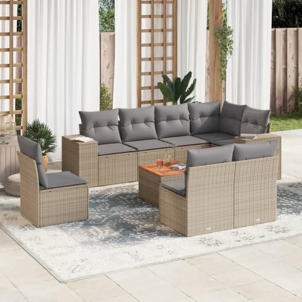 Soffgrupp för trädgården med dynor 9 delar beige konstrotting