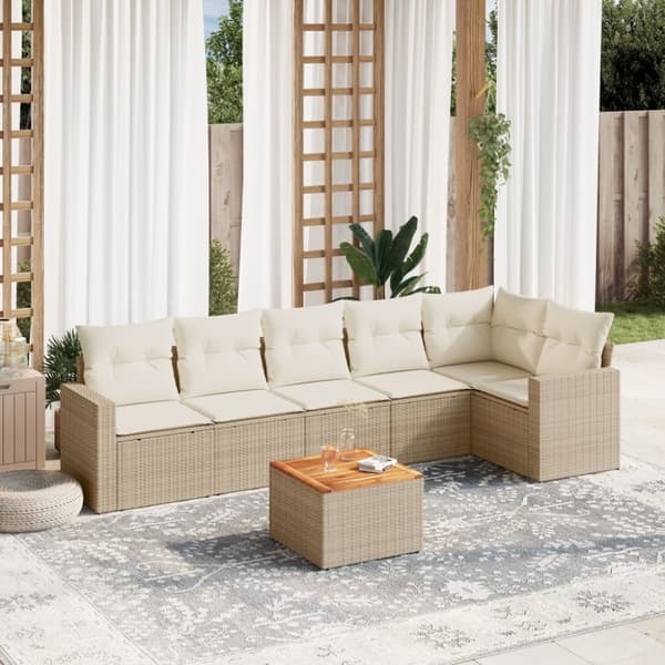 Matgrupp för trädgården med dynor 7 delar beige konstrotting