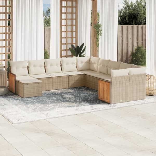 Loungegrupp för trädgården m. dynor 11 delar beige konstrotting