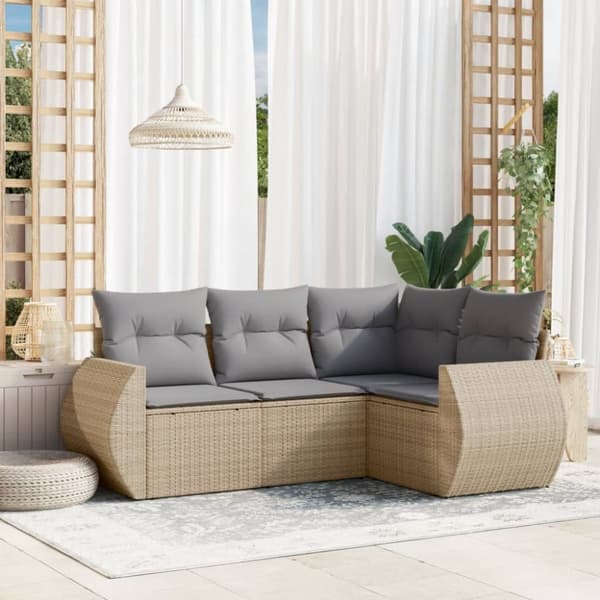Soffgrupp för trädgård med dynor 4 delar beige konstrotting