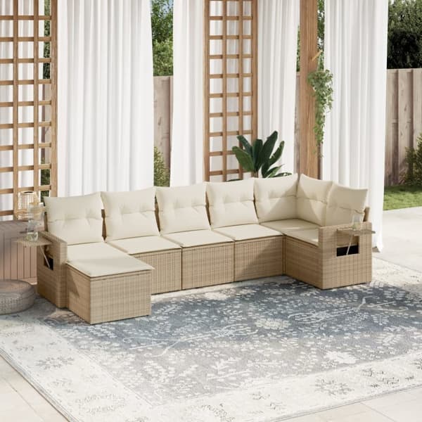 Matgrupp för trädgården med dynor 7 delar beige konstrotting