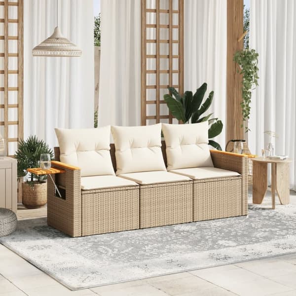 Soffgrupp för trädgården 3 delar med dynor beige konstrotting