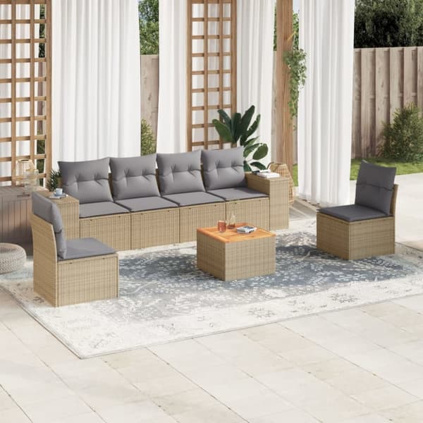 Matgrupp för trädgården med dynor 7 delar beige konstrotting