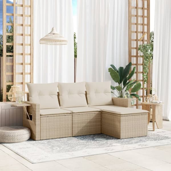 Soffgrupp för trädgård med dynor 4 delar beige konstrotting