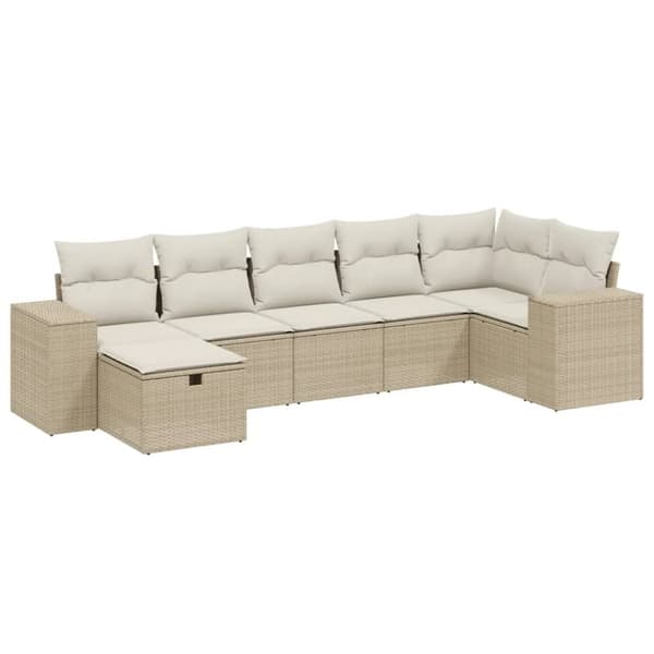 Matgrupp för trädgården med dynor 7 delar beige konstrotting