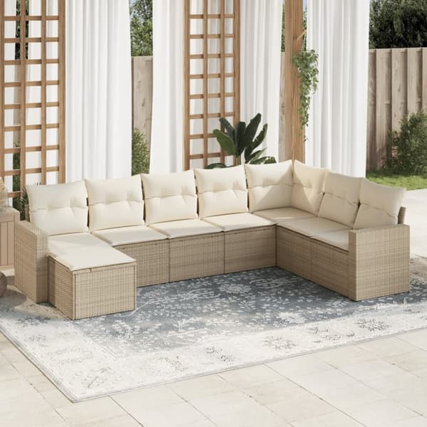 Matgrupp för trädgården med dynor 8 delar beige konstrotting