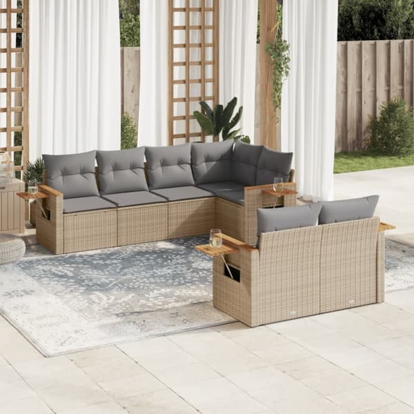 Matgrupp för trädgården med dynor 7 delar beige konstrotting