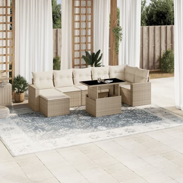 Matgrupp för trädgården med dynor 8 delar beige konstrotting