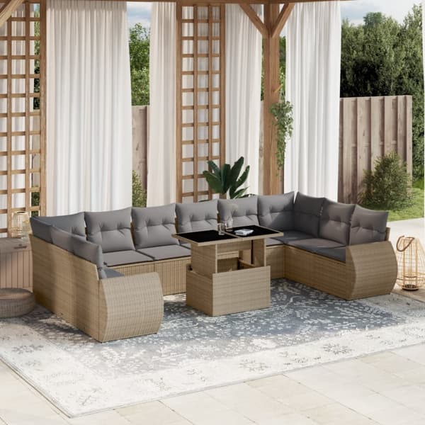 Loungegrupp för trädgården m. dynor 11 delar beige konstrotting