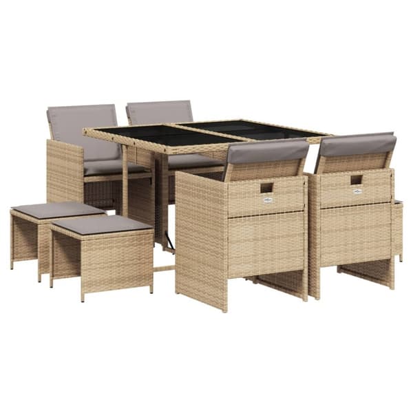 Matgrupp för trädgården med dynor 9 delar mixbeige konstrotting
