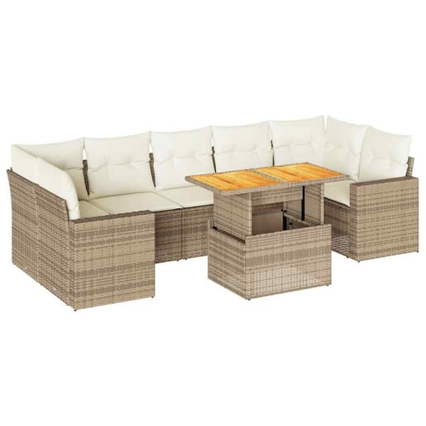 Matgrupp för trädgården med dynor 8 delar beige konstrotting