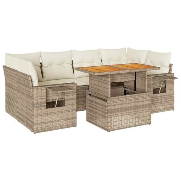 Matgrupp för trädgården med dynor 7 delar beige konstrotting