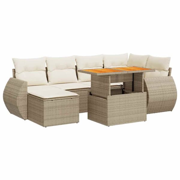 Matgrupp för trädgården med dynor 7 delar beige konstrotting