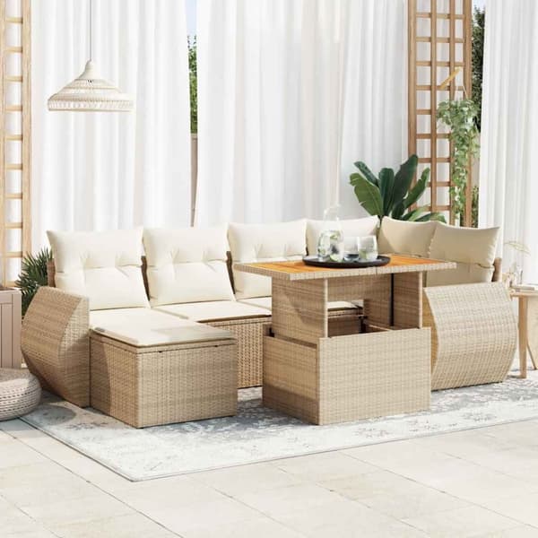 Matgrupp för trädgården med dynor 7 delar beige konstrotting