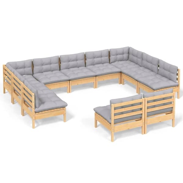 Loungegrupp med grå dynor 11 delar massiv furu