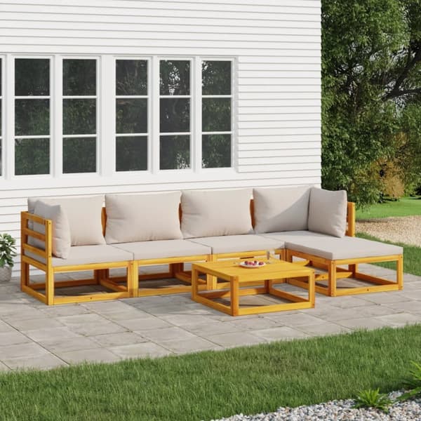 Loungegrupp 6 delar ljusgråa dynor massivt trä