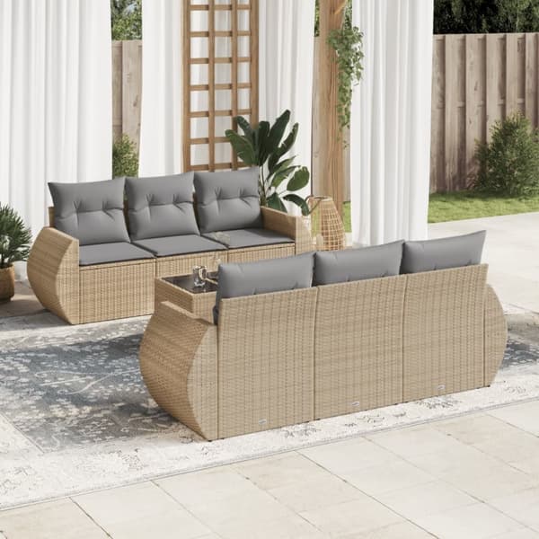 Matgrupp för trädgården med dynor 7 delar beige konstrotting