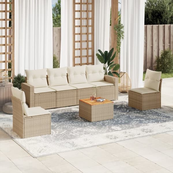 Matgrupp för trädgården med dynor 7 delar beige konstrotting