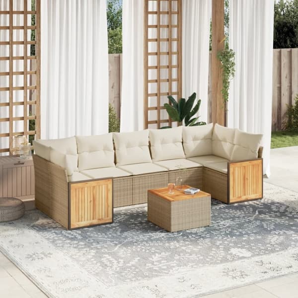 Matgrupp för trädgården med dynor 8 delar beige konstrotting