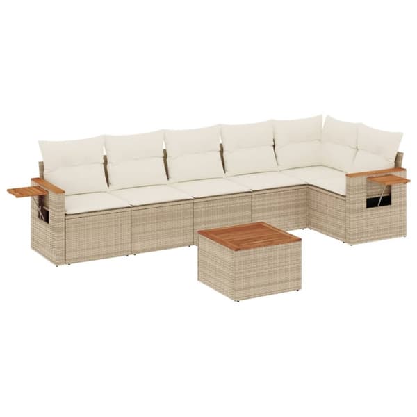 Matgrupp för trädgården med dynor 7 delar beige konstrotting