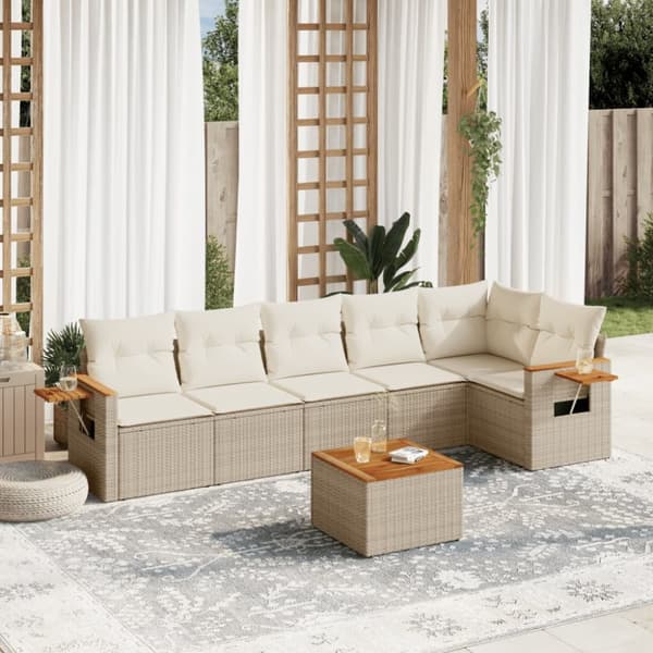 Matgrupp för trädgården med dynor 7 delar beige konstrotting