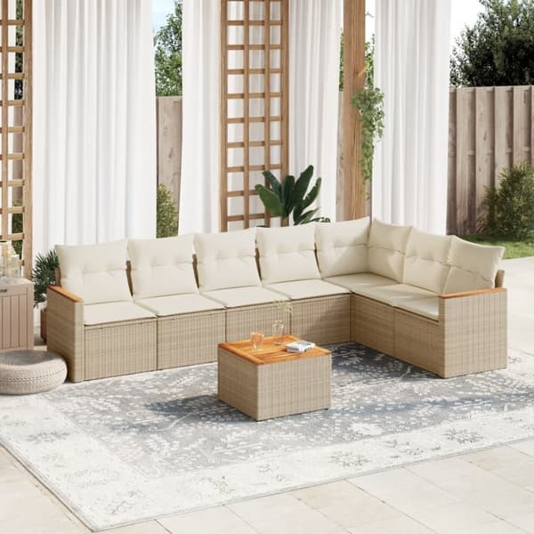 Matgrupp för trädgården med dynor 8 delar beige konstrotting